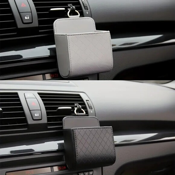 Car Phone Holder Pockets Storage Vent Clip Gray Faux Leather Lots of Room! - Picture 2 of 5